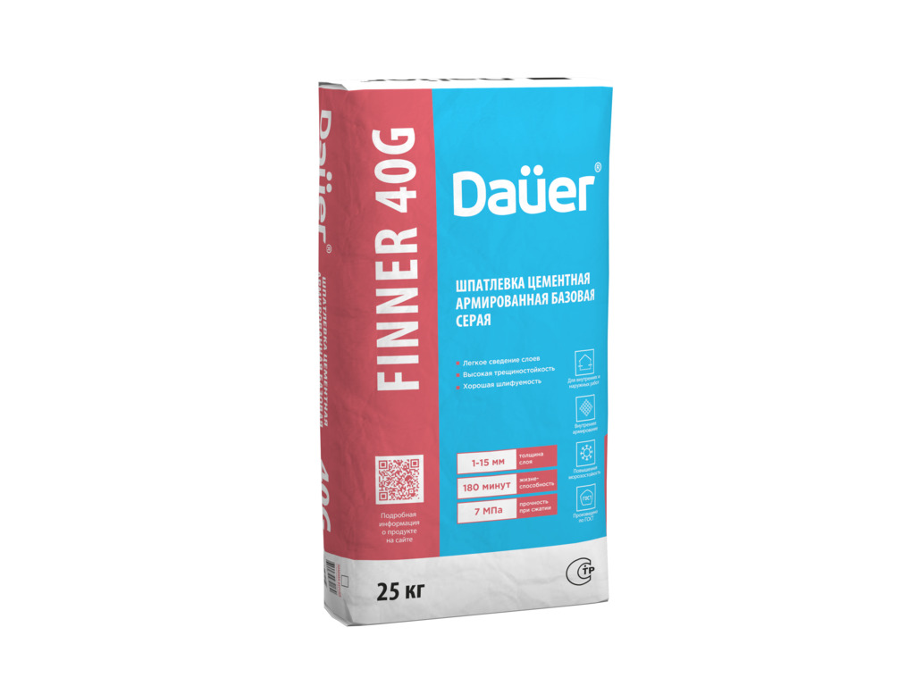 Фото Шпатлевка цементная армированная базовая Dauer FINNER 40 G, серая, 25 кг