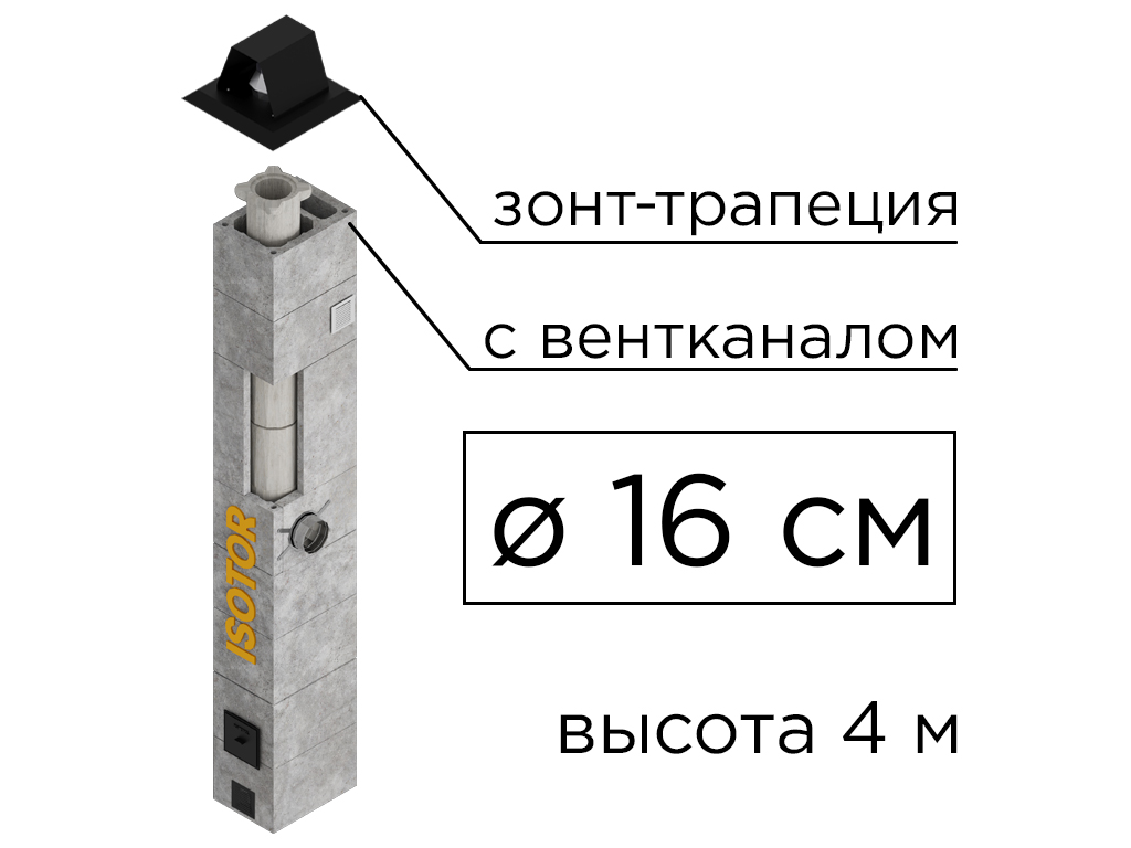 Фото Дымоходная система ISOTOR 16 с вентканалом верхний комплект зонт-трапеция, D 160 мм, высота 4 м