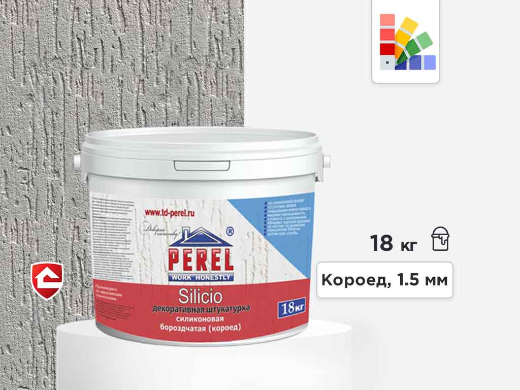 Фото Силиконовая штукатурка Perel Silicio, короед 1,5 мм, белая база, 18 кг
